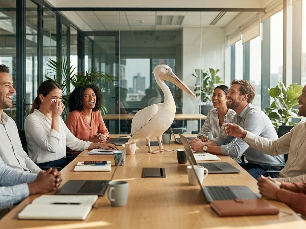 The PipCo team around a conference table, a white pelican standing among the laptops
