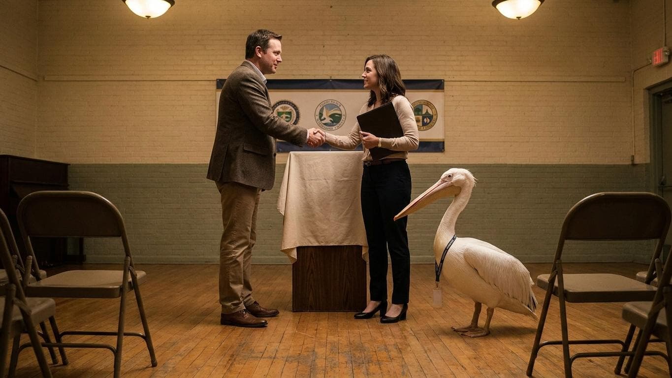 Two people shaking hands at a podium, a white pelican in a lanyard looking on