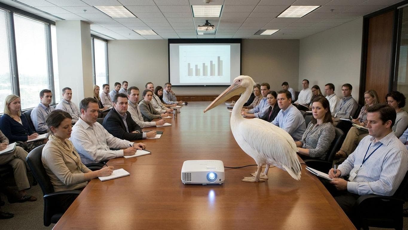 An all-hands meeting, a white pelican standing on the boardroom table mid-presentation